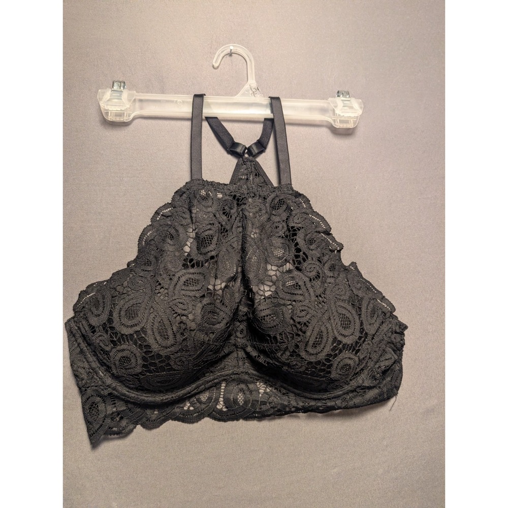 Victoria's Secret Pink Push Up Bra Womens Medium Black Floral Lace High Neck